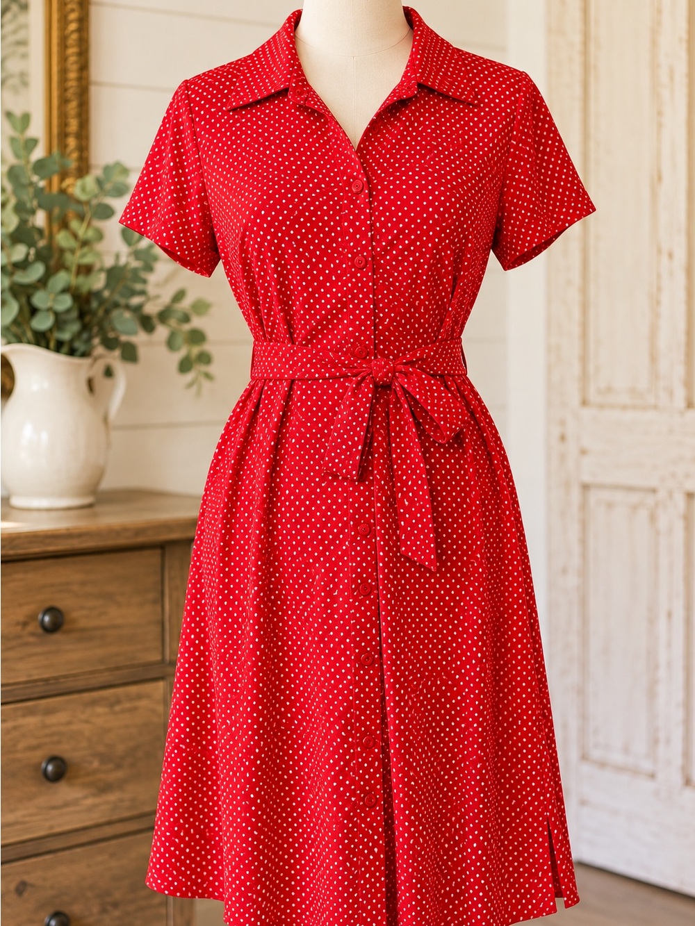 California Concepts Red Polka Dot Belted Shirt Dress Vintage Style